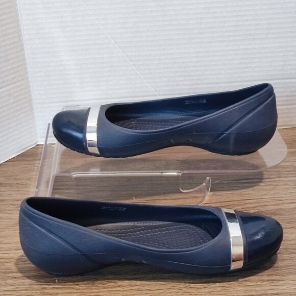 Crocs Ballet Flats Sz 8 Navy blue with chrom Rubber Comfort Ballerina Shoes - Picture 2 of 13
